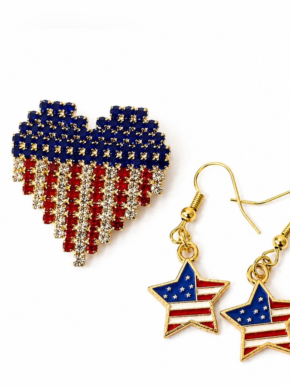 Rhinestone American Flag Heart Brooch Star Earrings Set 4th of July Patriotic